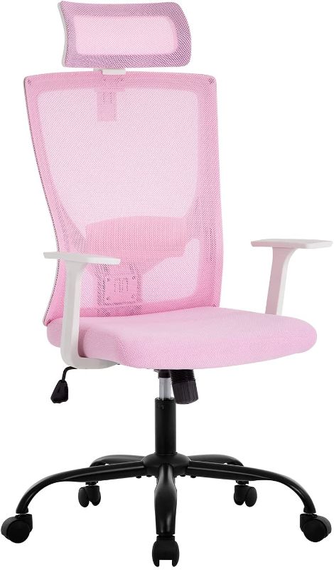 Photo 1 of Ergonomic Office Chair Swivel Home Office Desk Chair with Head Pillow Breathable Mesh Backrest Adjustable Seat Height Firm Arm Rests Mesh Chair for Working and Resting (Pink)
