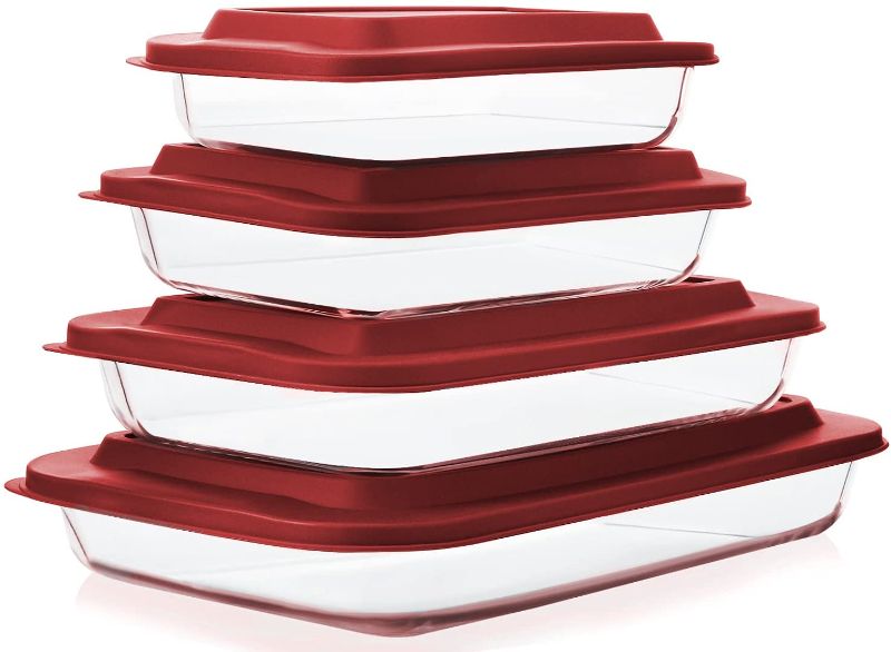 Photo 1 of 8-Piece Deep Glass Baking Dish Set with Plastic lids,Rectangular Glass Bakeware Set with BPA Free Lids, Baking Pans for Lasagna, Leftovers, Cooking, Kitchen, Freezer-to-Oven and Dishwasher, Red
