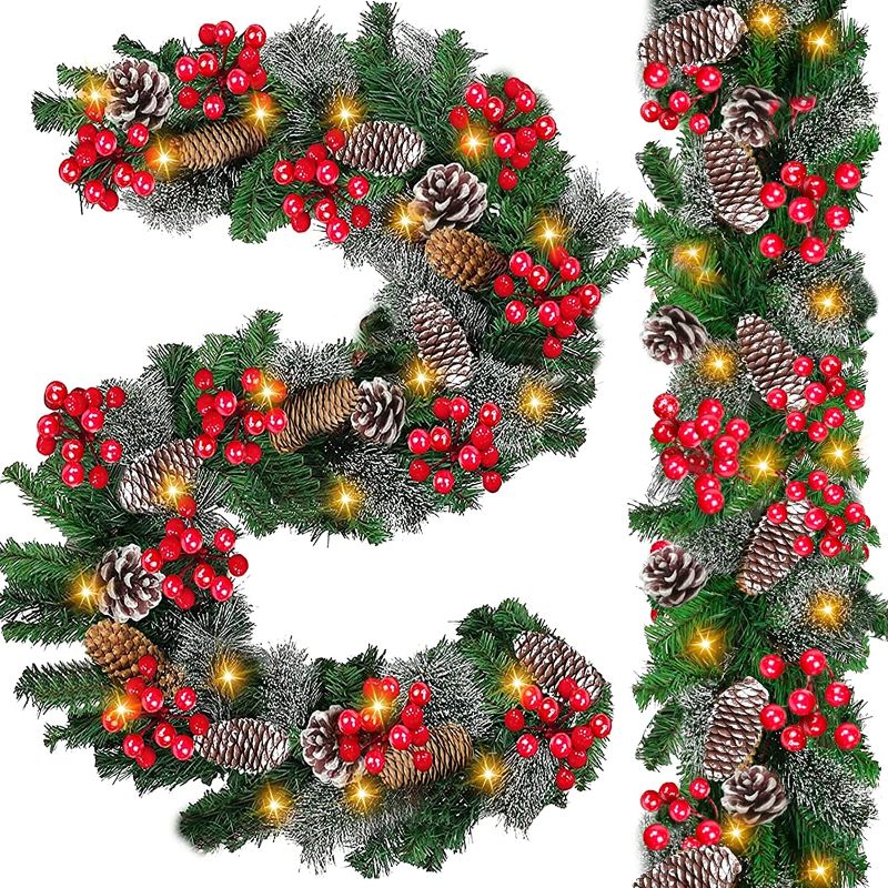 Photo 1 of [ 2 Pack & Timer 8 Modes ] 9 Ft 100 LED Each Prelit Thicker Christmas Garland Lights 300 Branch 198 Red Berry Snowy Pinecone Waterproof Christmas Decoration Indoor Outdoor, Total 18 Ft 200 Warm Lights