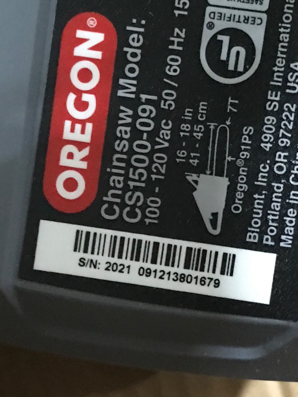 Photo 4 of Oregon CS1500 18-inch 15 Amp Self-Sharpening Corded Electric Chainsaw, with Integrated Self-Sharpening System
(UNABLE TO TEST FUNCTIONALITY)