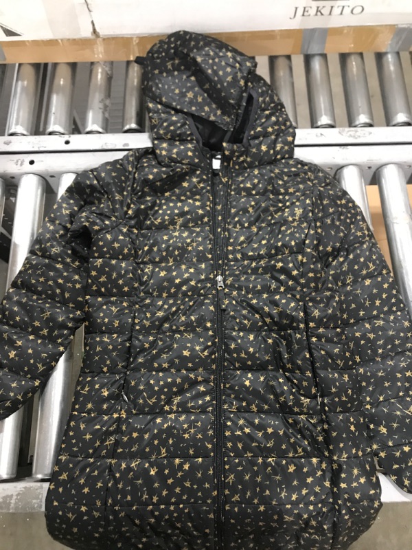 Photo 2 of Amazon Essentials Girls and Toddlers' Long Lightweight Hooded Puffer Jacket X-Large Black, Stars