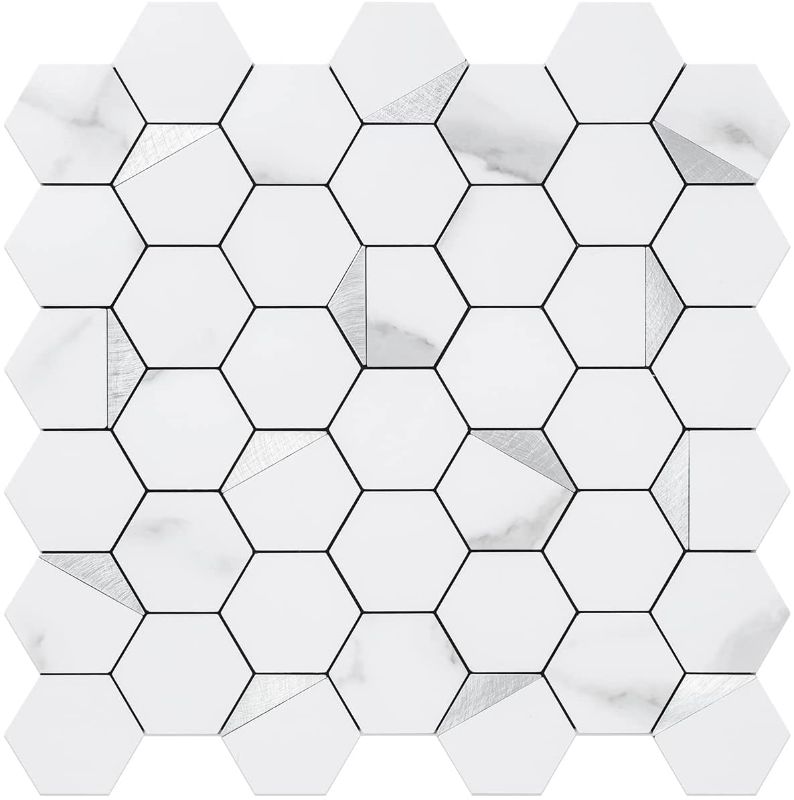 Photo 1 of 0-Sheet Hexagon Tile Peel and Stick Backsplash, White Marble Look PVC Mixed Silver Metal Mosaic Tiles for Kitchen and Bathroom