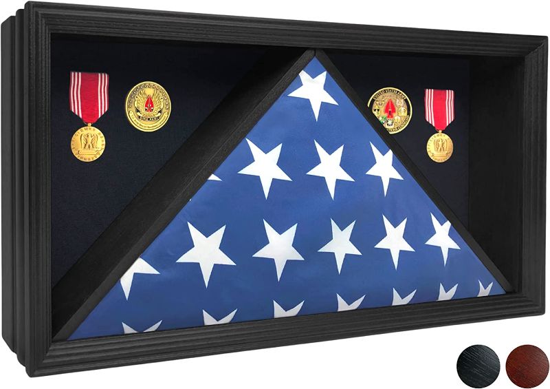 Photo 1 of ILOT Military Shadow Box - Solid Wood Flag Case for American Flag , Velvet Like Felt Lining for Medals, and Polished Plexiglass (Black)