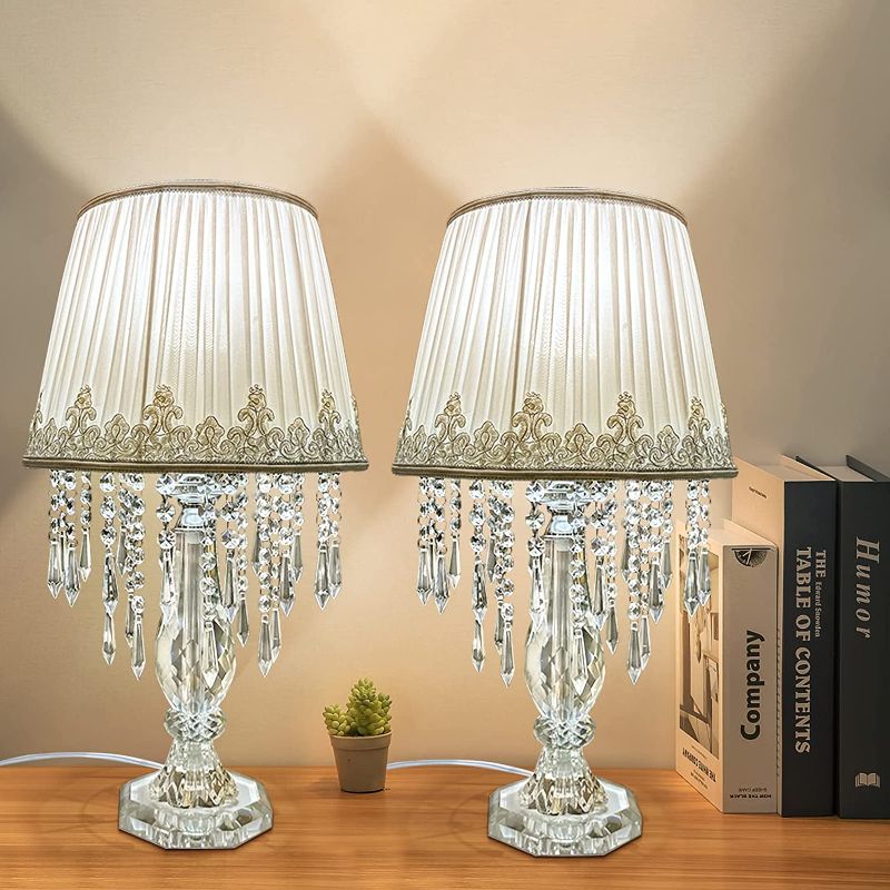 Photo 6 of 
Siljoy Crystal Table Lamp Set of 2 Modern Bedside Table Lamps for Bedroom 23'' Dimmable Nightstand Lamp with White Ruched Fabric Drum Shade Desk...