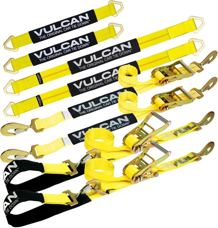 Photo 1 of 
VULCAN Ultimate Axle Tie Down Kit - Classic Yellow - Includes (2) 22 Inch Axle Straps, (2) 36 Inch Axle Straps, (2) 96 Inch Snap Hook Ratchet Straps, and...