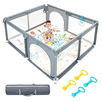 Photo 1 of Baby Playpen,Extra Large Baby Playard, Playpen for Babies with Gate, Baby Toys 0-6 to 12 Months Baby Activity Center, Sturdy Safety Playpen with Soft Mesh, Playpen for Toddlers(Gray)