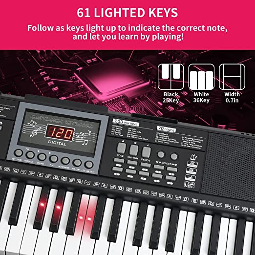 Photo 1 of 24HOCL 61 Keys Keyboard Piano Lighted Keys for Kids Teens Beginners Birthday Children's Day Best Gift, Electronic Portable Digital Music Piano with Mic, Music Stand, Powered by UL Adapter/Batte