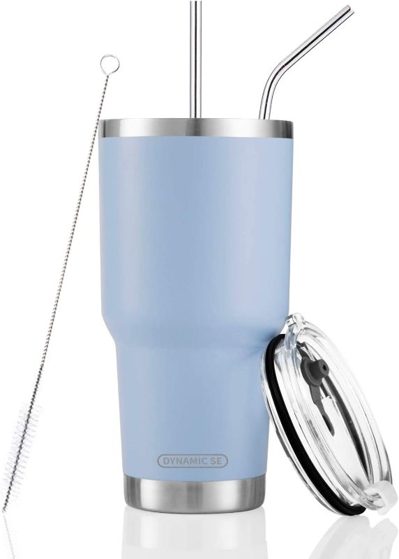 Photo 1 of 30oz Blue Tumbler Stainless Steel Double Wall Vacuum Insulated Mug with Straw and Lid, Cleaning Brush for Cold and Hot Beverages
