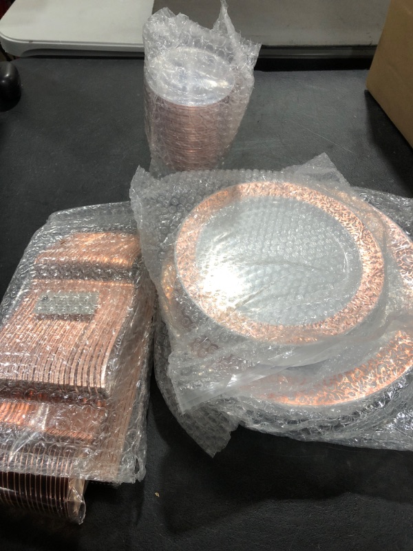 Photo 2 of 150 Piece Rose Gold Dinnerware Set Elegant Lace Disposable Plastic Plate Include: 25 Dinner Plates, 25 Dessert Plates, 25 Forks, 25 Knives, 25 Spoons, 25 Cups for Halloween, Thanksgiving, Christmas