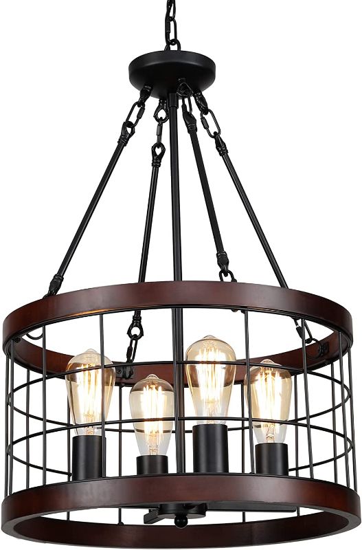 Photo 1 of Farmhouse Chandelier Dining Room Light Fixture 4-Lights Farmhouse Light Fixtures Hanging Pendant Lighting Modern Black Rustic Wood Chandelier for Entryway Kitchen Island Living Room Bedroom Foyer
