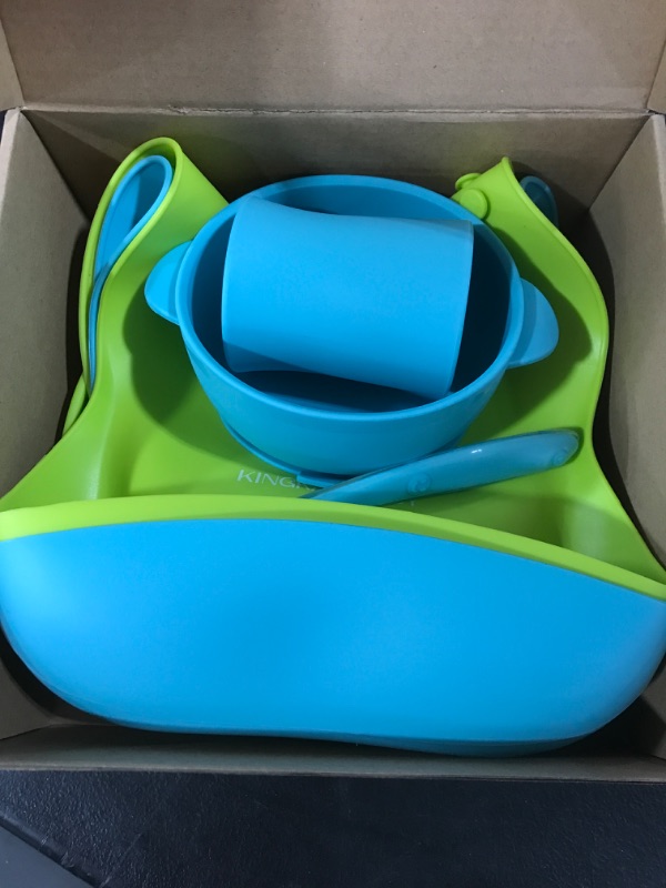 Photo 2 of Baby Bowl Plate Bib Spoon Set, Strong Suction Silicone Toddler Self Feeding Set Lime Green & Turquoise