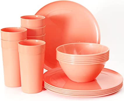 Photo 1 of Youngever 18-Piece Plastic Kitchen Dinnerware Set, Plates, Dishes, Bowls, Cups, Service for 6 (Peach)
