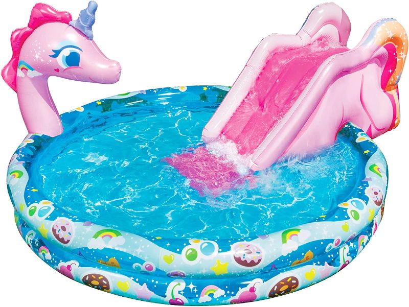 Photo 1 of BANZAI Spray 'N Splash Unicorn Pool, Length: 78 in, Width: 60 in, Height: 32 in, Inflatable Outdoor Backyard Water Slide Splash Toy
