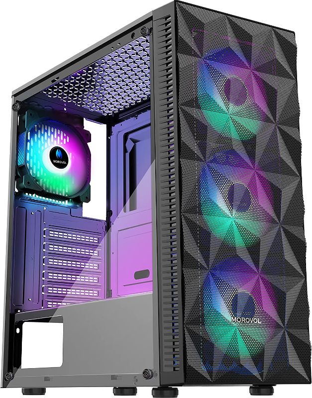 Photo 1 of MOROVOL ATX PC Case with 4pcs RGB Fans, Gaming Computer Case with Diamond-Shaped Mesh Front & Tempered Glass Side Panel, USB 3.0 Airflow Mid Tower case,621
