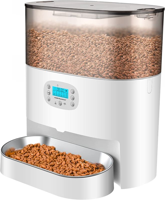 Photo 1 of HoneyGuaridan Automatic Cat Feeder, 6L Timed Cat Feeder with Desiccant Bag for Pet Dry Food, Dual Power,10s Voice Recorder, 0-24 Portions 6 Meals per Day, Travel Supply Feeder for Cats and Dogs
