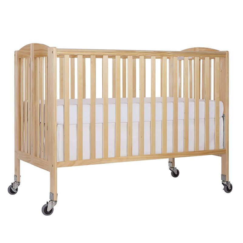 Photo 1 of Dream On Me Folding Full Size Convenience Crib In Natural, Two Adjustable Mattress Height Positions, Comes With Heavy Duty Locking Wheels, Flat Folding