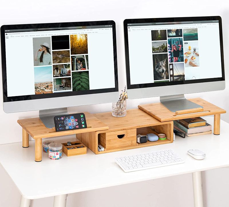 Photo 1 of SOLD FOR PARTS! Bamboo Dual Monitor Stand Riser with Storage Drawer - ROCDEER Laptop Desk Shelf with Adjustable Length and Angle, Monitor Riser Stand for 2 or 3 Monitors...
