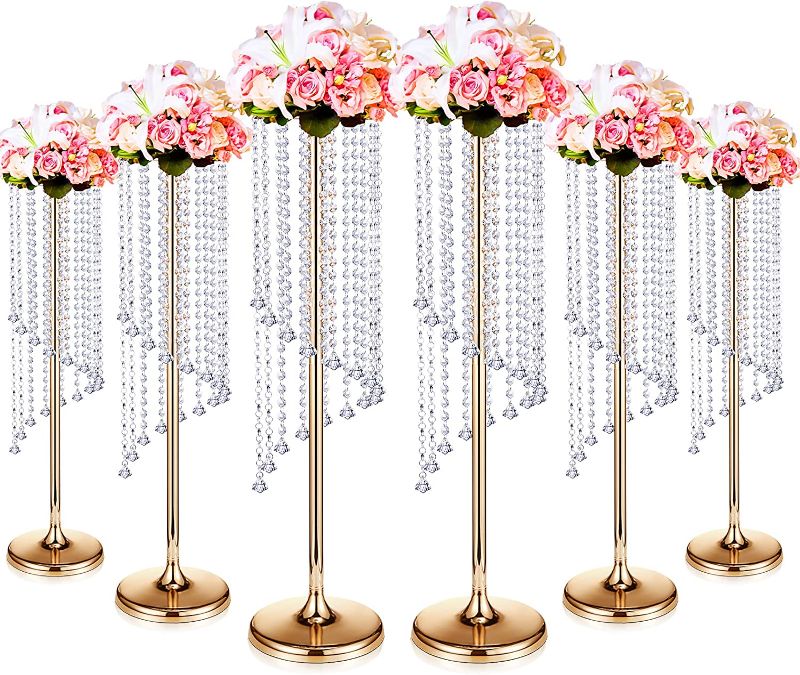 Photo 1 of 6 Pcs 35.4 in Tall Crystal Gold Vase Wedding Centerpiece Table Decorations Metal Flower Holder Stand Wedding Road Crystal Flower Vase with Chandelier Crystals for Reception Aisle Birthday Event Party 