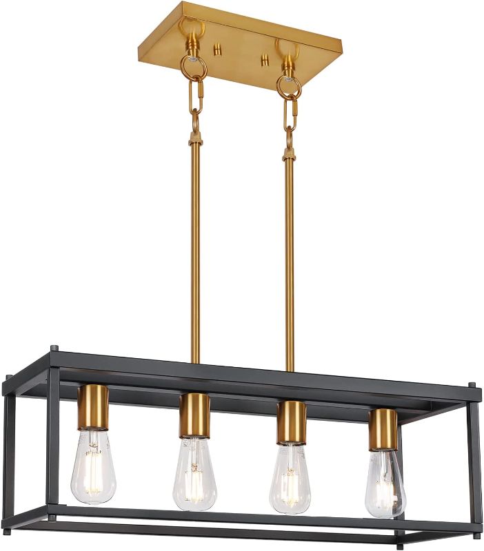 Photo 1 of 4-Light Island Lights, Industrial Dining Room Lighting Fixture, Kitchen Island Pendant Lighting, Linear Chandelier with Black & Brass Painting, for Dining Room Kitchen Island Pool Table, ETL Listed
