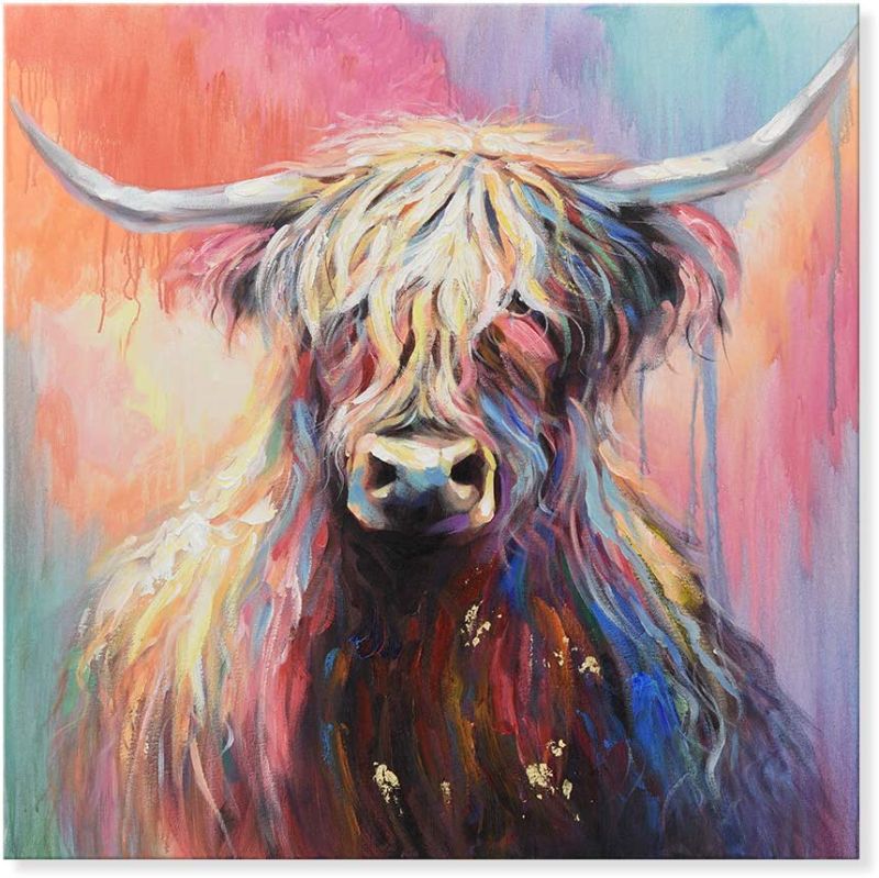 Photo 1 of 7CANVAS Cow Painting Animal Cattle Picture Colorful Mysterious Highland Cow Wall Art Modern Framed Canvas Painting for Bedroom Kid Room 24x24 Inch
