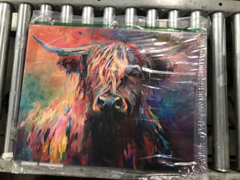 Photo 2 of 7CANVAS Cow Painting Animal Cattle Picture Colorful Mysterious Highland Cow Wall Art Modern Framed Canvas Painting for Bedroom Kid Room 24x24 Inch
