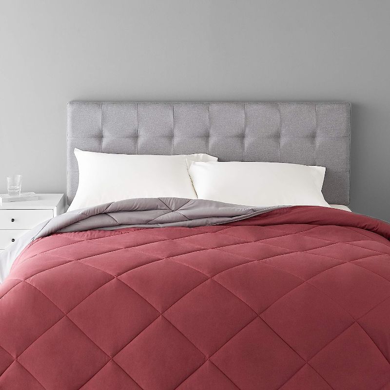 Photo 1 of Amazon Basics Reversible, Lightweight Microfiber Comforter - Full / Queen, Burgundy / Gray
