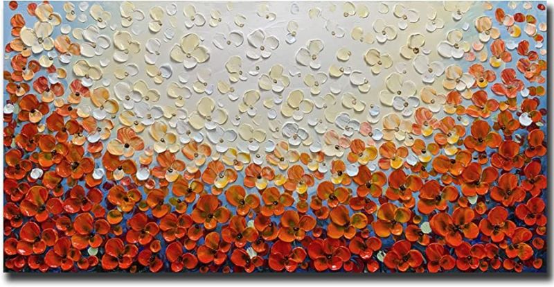 Photo 1 of  MUWU Canvas Oil Paintings, Red Flowers Paintings Texture Palette Knife Modern Home Decor Wall Art Painting Colorful 3D Flowers Wood Inside Framed Ready to hang 24x48 inch 