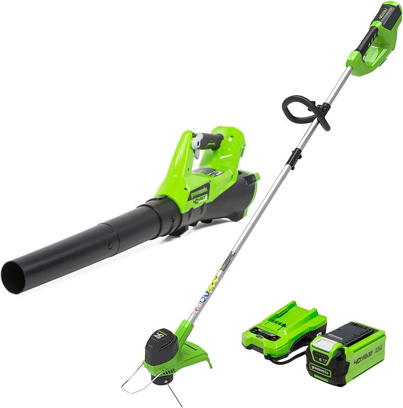 Photo 1 of  Greenworks 40V Cordless String Trimmer and Leaf Blower Combo Kit, 2.0Ah Battery and Charger Included 