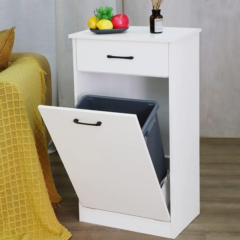 Photo 1 of  Tilt Out Trash Bin Cabinet or Laundry Hamper-Wooden Cabinet Garbage Recycling Station Can to Hide Trash with Pull-Out Drawer Pet Food Storage Kitchen/Living Room/Laundry Room 10 Gallons (White) 