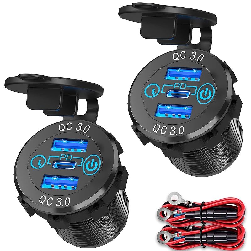 Photo 1 of 12V USB C Car Charger Socket 2 Pack, Qidoe 56W Aluminum Socket 12V USB Outlet 20W PD3.0 USB-C and Dual QC3.0 Ports with Touch Switch Waterproof DIY USB Port for Car Boat RV Motorcycle Truck Golf Cart
