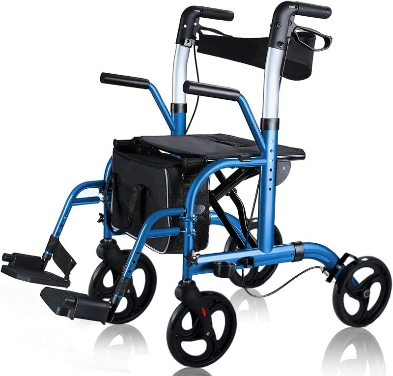 Photo 1 of 2 in 1 Rollator Walkers for Seniors with Padded Seat- Medical Transport Chair Walker with Adjustable Handle and Reversible Backrest (Blue)
