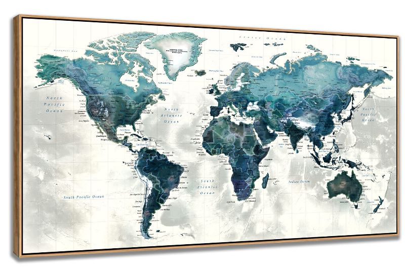 Photo 1 of  Abstract World Map Canvas Wall Art for Living Room Office Green Teal White World Map Picture Print Artwork Decor for Home Bedroom Decoration, 20 X 40 INCH