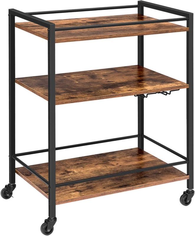 Photo 1 of  HOOBRO Bar Cart for The Home, Serving Cart with Wine Glasses Hooks, Rolling Kitchen Cart with Lockable Wheels, Beverage Cart with Storage Shelves, Adjustable Feet, Industrial, Rustic Brown BF02TC01 