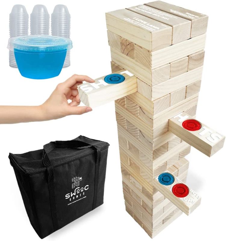 Photo 1 of  SWOOC Games - Giant Tower Party Game with Hidden Shots & 60 Commands - Includes 60 Blocks, 104 Disposable Cups with Lids & Carrying Case - Tipsy Topple Tower with Shots Holes - 2.5ft - Grows to 5ft 