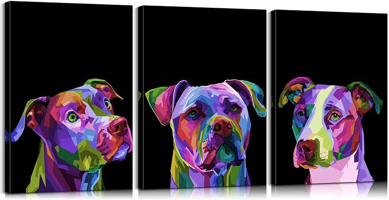 Photo 1 of 3 Pieces Dog Wall Decor Pit Bull Wall Art Pop Art Dog Wall Art Animal Posters Pop Art Decor Dog Poster Pop Art Posters Pit Bull Art Dog Canvas Colorful Wall Decor for Bedroom Decor (16''Wx24''Hx3) 