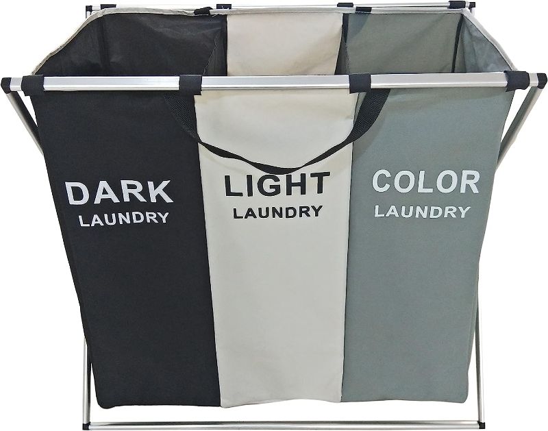 Photo 1 of 3 Section Laundry Basket for Dark, Light, and Color Clothes Hamper, Collapsible Design with Carry Handle, 26" Long x 15" Wide x 23.5" Tall by SciencePurchase
