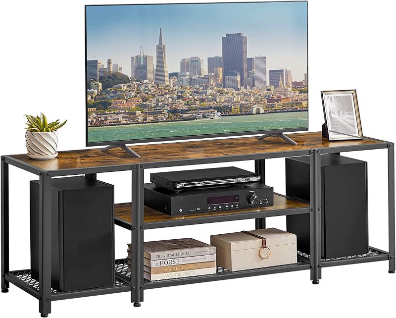 Photo 1 of  VASAGLE Modern TV Stand for TVs up to 65 Inches, 3-Tier Entertainment Center, Industrial TV Console Table with Open Storage Shelves, for Living Room, Bedroom, Rustic Brown and Black ULTV097B01 