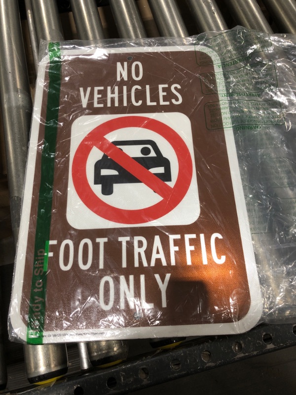 Photo 2 of ComplianceSigns.com No Vehicles Foot Traffic Only Reflective Sign, 18x12 inch with Center Holes on 80 mil Aluminum for Recreation