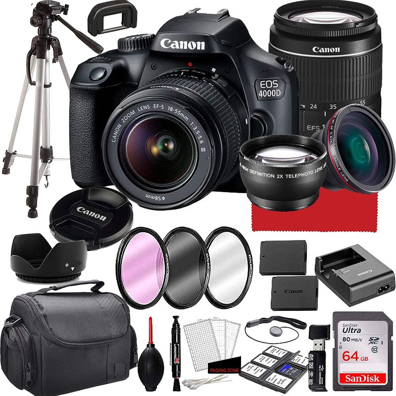 Photo 1 of  Paging Zone-Canon intl EOS 4000D DSLR Camera with 18-55mm f/3.5-5.6 Zoom Lens,64GB Memory,Case,Tripod and More (28pc Bundle) RENEWED