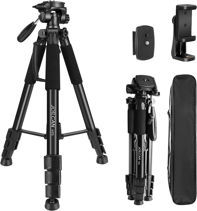 Photo 1 of  JOILCAN 75” Camera Tripod for Canon Nikon DSLR,Aluminum Tall Cellphones Stand with 2PC Quick Plates and Universal Phone Mount 13lb Load (Black) 