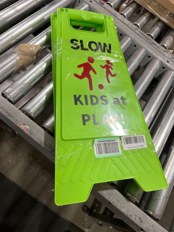 Photo 2 of Slow Kids at Play Sign, Children at Play Safety Signs with Double-Sided Text and Graphics for Street Neighborhoods Schools Park Sidewalk Driveway (2-Pack Green)