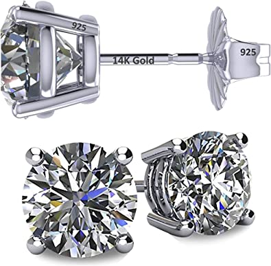 Photo 1 of 14K Solid Gold Post & Sterling Silver 4 Prong Pure Brilliance Zirconia CZ Stud Earrings 1.00ctw - 8.00ctw