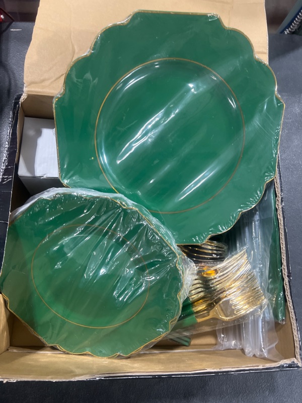Photo 1 of 20 Guests Green Plastic Plates with Gold Rim & Gold Disposable Plastic Silverware with Green Handle & Clear Gold Cups & Hand Napkin- Geometric  Plastic Dinnerware for Wedding &Parties