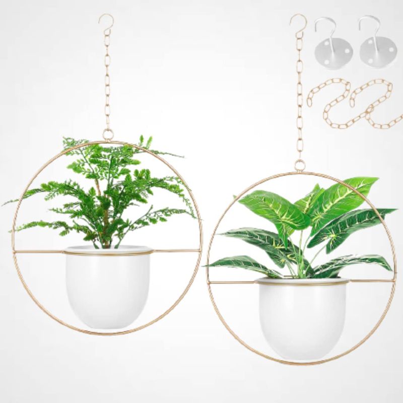 Photo 1 of 2 Pack Shineloha Boho Metal Hanging Planters with 6" Pot (Detachable) + Hook + Chain | Hanging Planters Indoor, Modern Wall & Ceiling Planters, Gold + White Planter (Indoor & Outdoor), NO Plant incld.
