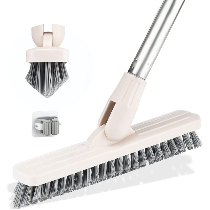 Photo 1 of 2 in 1 Floor Brush Scrub Brush, V-Shaped Floor Scrub Brush with Long Handle, 120°Rotating Removable Brush Head Kitchen Bathroom Crevice Cleaning Brush with Squeegee for Cleaning Floor Wall (White)