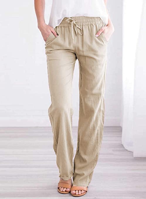 Photo 1 of Acelitt Womens Casual Pants Straight Leg Drawstring Elastic High Waist Loose Comfy Trousers with Pockets