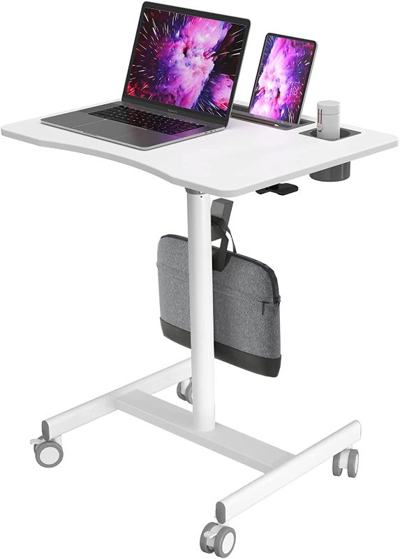 Photo 1 of JYLH JOYSEEKER Mobile Standing Desk, 28 inch Pneumatic Sit Stand Desk Riser Height Adjustable Rolling Laptop Cart with Lockable Wheels for Home Office Computer Projector Workstation, White
