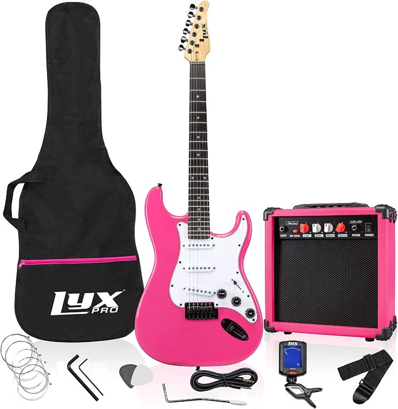 Photo 2 of  Full Size Electric Guitar with 20w Amp, Package Includes All Accessories, Digital Tuner, Strings, Picks, Tremolo Bar, Shoulder Strap, and Case Bag Complete Beginner Starter kit - Pink