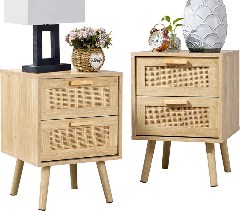 Photo 1 of Finnhomy Nightstand, End Table, Side Table with 2 Hand Made Rattan Decorated Drawers, Nightstands Set of 2, Wood Accent Table with Storage for Bedroom, Natural, 2 Pack
