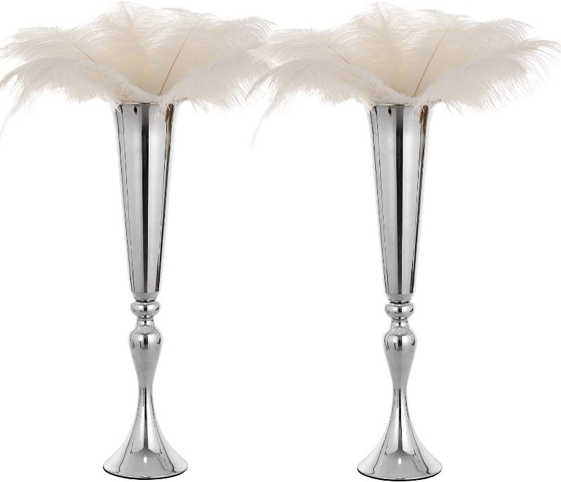 Photo 1 of 2pcs Trumpet Vases for Centerpieces Wedding Tables, Silver Metal Flower Vase for Table Anniversary Party Birthday Event Aisle Home Decoration, 21.9in Tall 